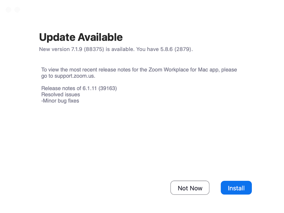 To solve the Zoom issue on your Mac, click Install to update it to the latest version available.