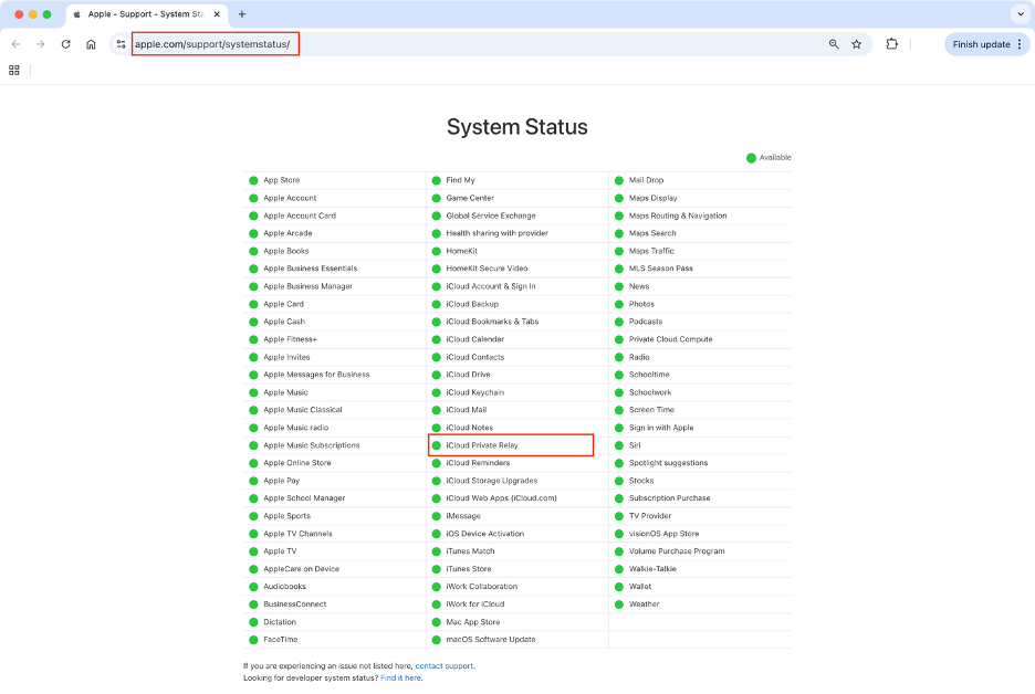 To fix the Safari can’t connect to iCloud Private Relay issue on your Mac, visit Apple’s System Status page to check whether there’s a server outage.