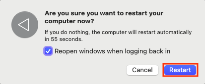 The Restart confirmation prompt on Mac. A system restart is the first step to take whenever you encounter macOS issues, including when you see set date and time automatically on Mac is not working.