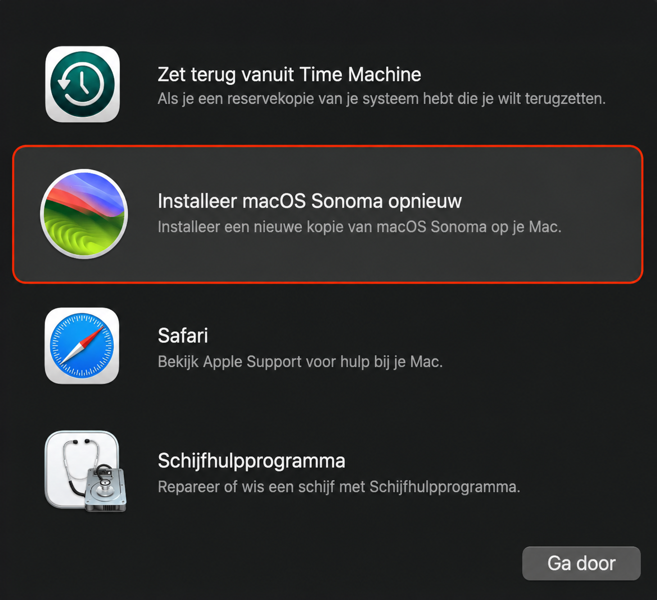 De optie Herinstalleer macOS Sonoma is rood gemarkeerd in het venster van Herstel op de Mac. Door deze optie te kiezen kun je je MacBook terugzetten naar de fabrieksinstellingen.