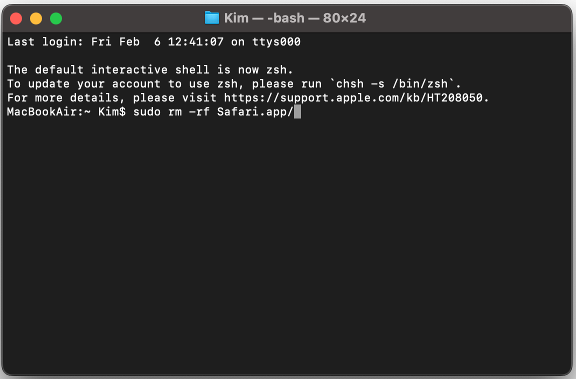Poi digita sudo rm -rf Safari.app/ e premi Invio. Questo comando ti permette di eliminare Safari dal Mac.