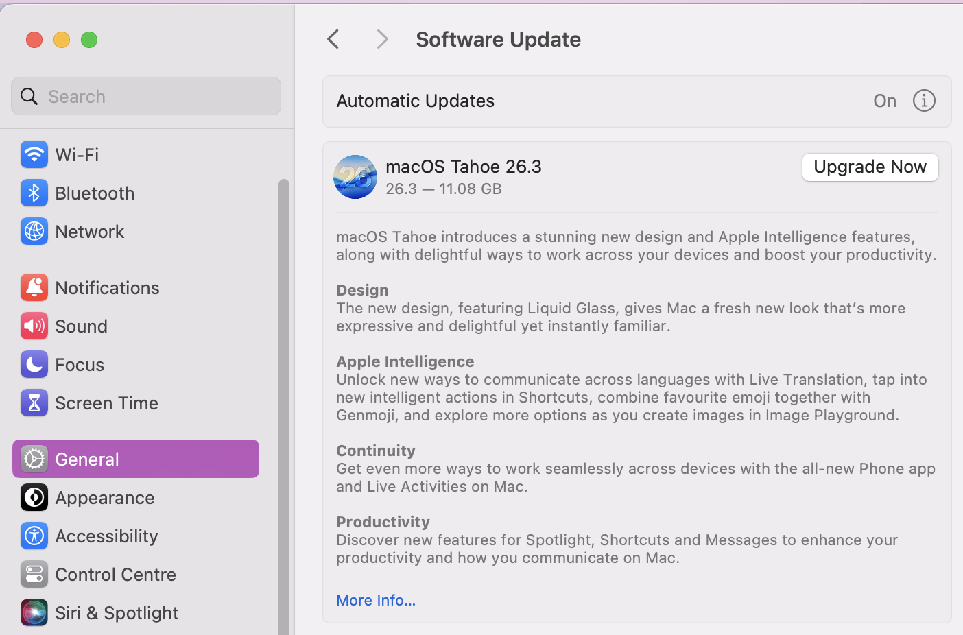In case new patches are available to fix coreaudiod bugs, open System settings and navigate to the Software Update tab. From there, you’ll be able to see if any updates are available; if so, click on Update Now.