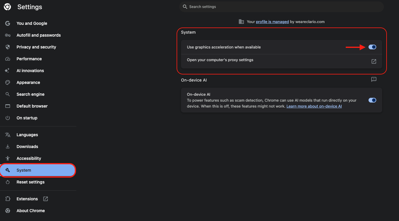 The System tab of Chrome Settings on macOS with Use graphics acceleration when available toggled off to fix the crashing browser.