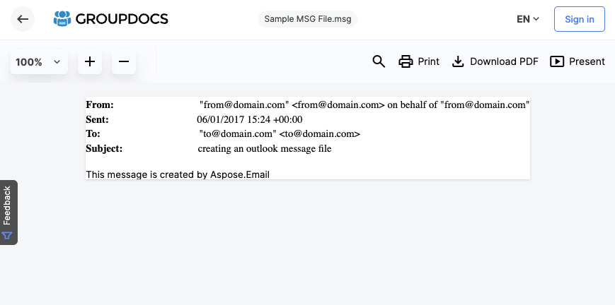 After dragging our sample .MSG file into the online viewer, we were able to read the contents, and we had the option to download a copy as a PDF file.