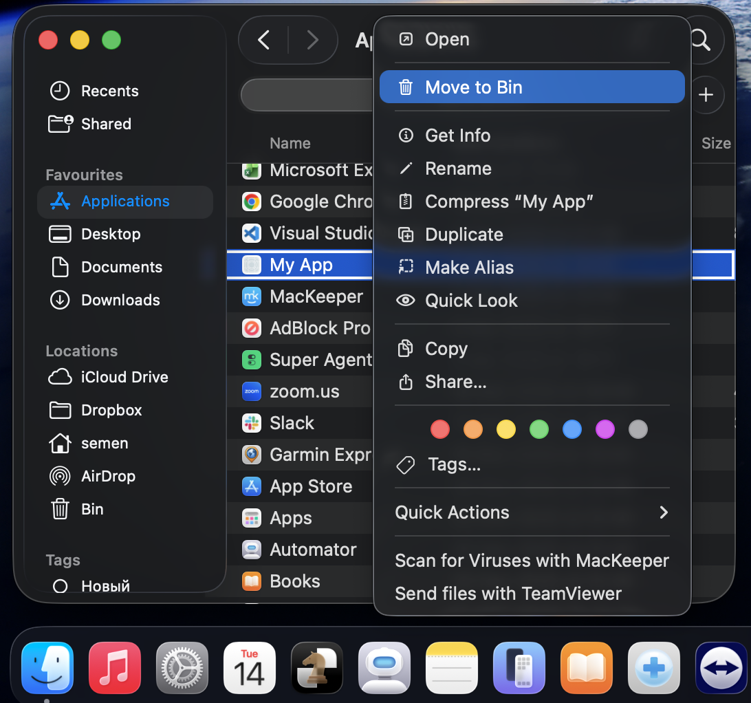 Right-clicking the damaged My App in Finder Applications on macOS and choosing Move to Bin removes it before downloading a fresh copy.