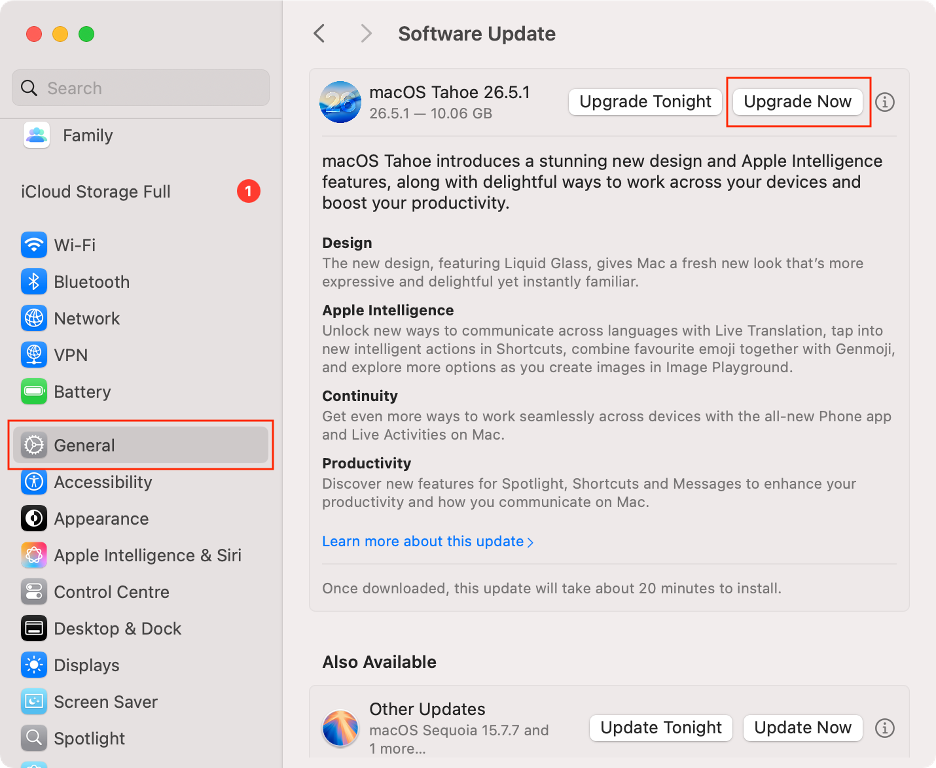 To ensure your AirPods are compatible with your Mac, go to System Settings, select General in the sidebar, choose Software Update, then click Upgrade Now.