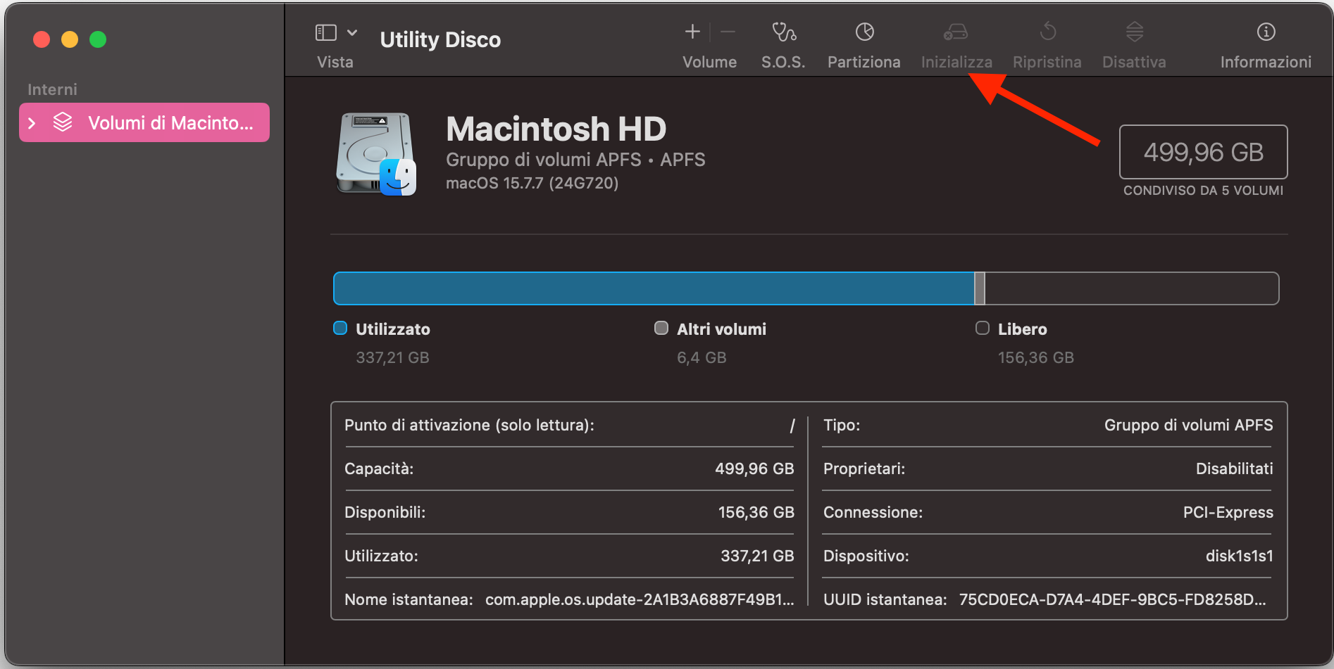 La finestra di Utility Disco di Apple è aperta sullo schermo di un Mac. Utility Disco consente agli utenti di inizializzare un MacBook e riportarlo alle impostazioni di fabbrica.
