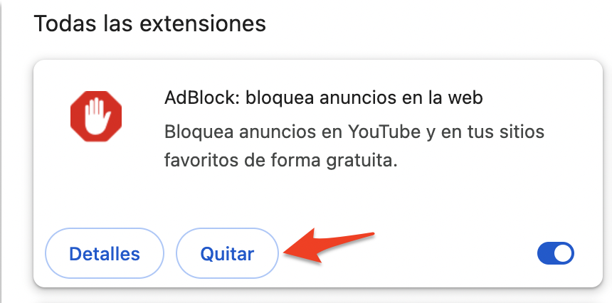 Google Chrome en macOS Monterey muestra una extensión instalada. Haz clic en el botón Quitar debajo de la extensión que deseas eliminar.