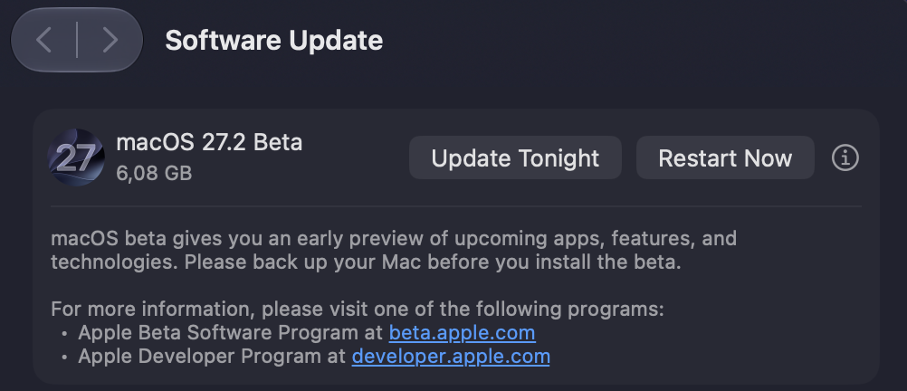 Software Update window on a Mac showing macOS 27.2 Beta ready to install, with the Restart Now button used to begin the Golden Gate upgrade.