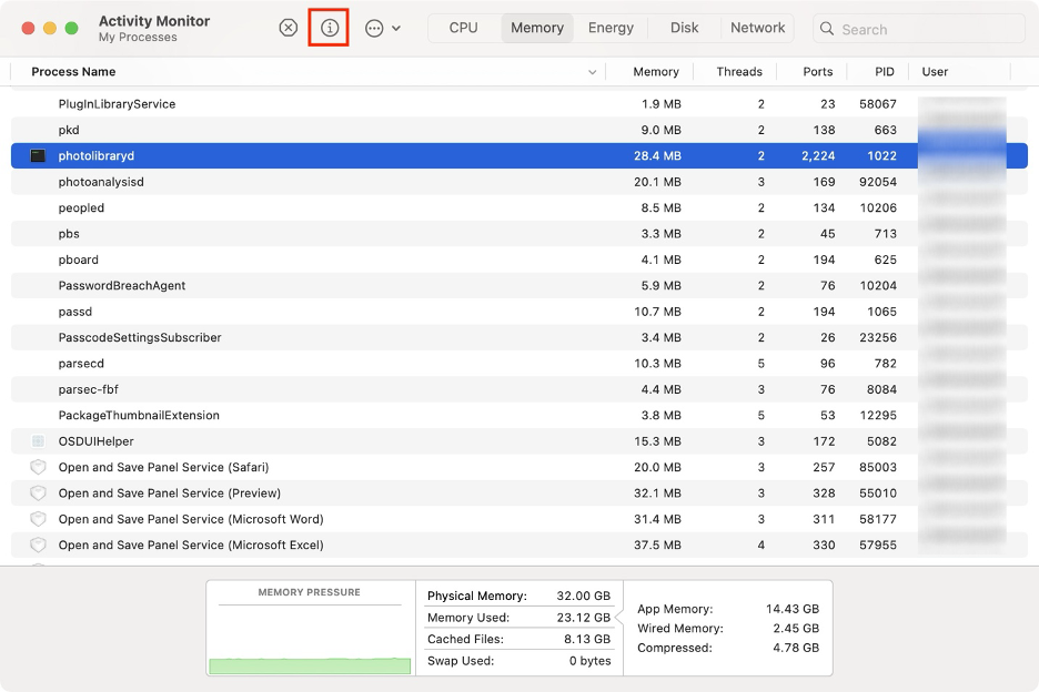 To close photolibraryd, select the process from the list and hit the X button.