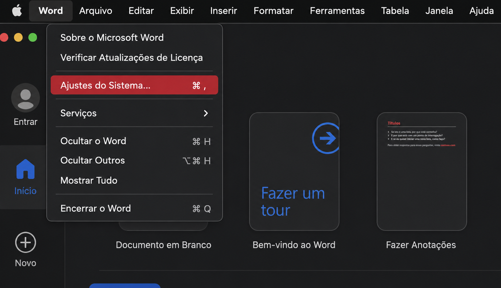 Abra o Word, depois selecione Word > Preferências na barra de menus no canto superior esquerdo da tela. Isso abrirá as configurações do aplicativo.