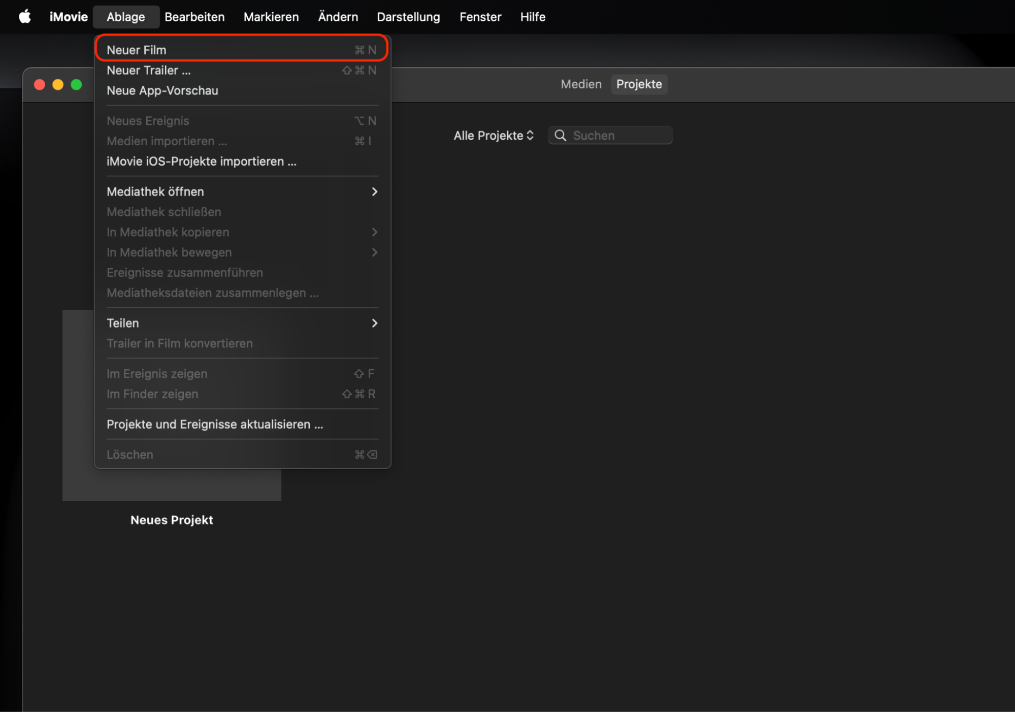 Das Bild zeigt die Optionen des iMovie-Dateimenüs in der Menüleiste. iMovie ist eines der Tools, mit denen Benutzer Videos auf einem Mac aufnehmen können. Das Bild zeigt die Optionen des iMovie-Dateimenüs in der Menüleiste. iMovie ist eines der Tools, mit denen Benutzer Videos auf einem Mac aufnehmen können.