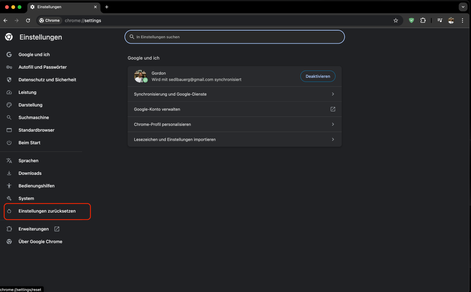Wählen Sie im linken Menü die Option Einstellungen zurücksetzen, um fortzufahren.