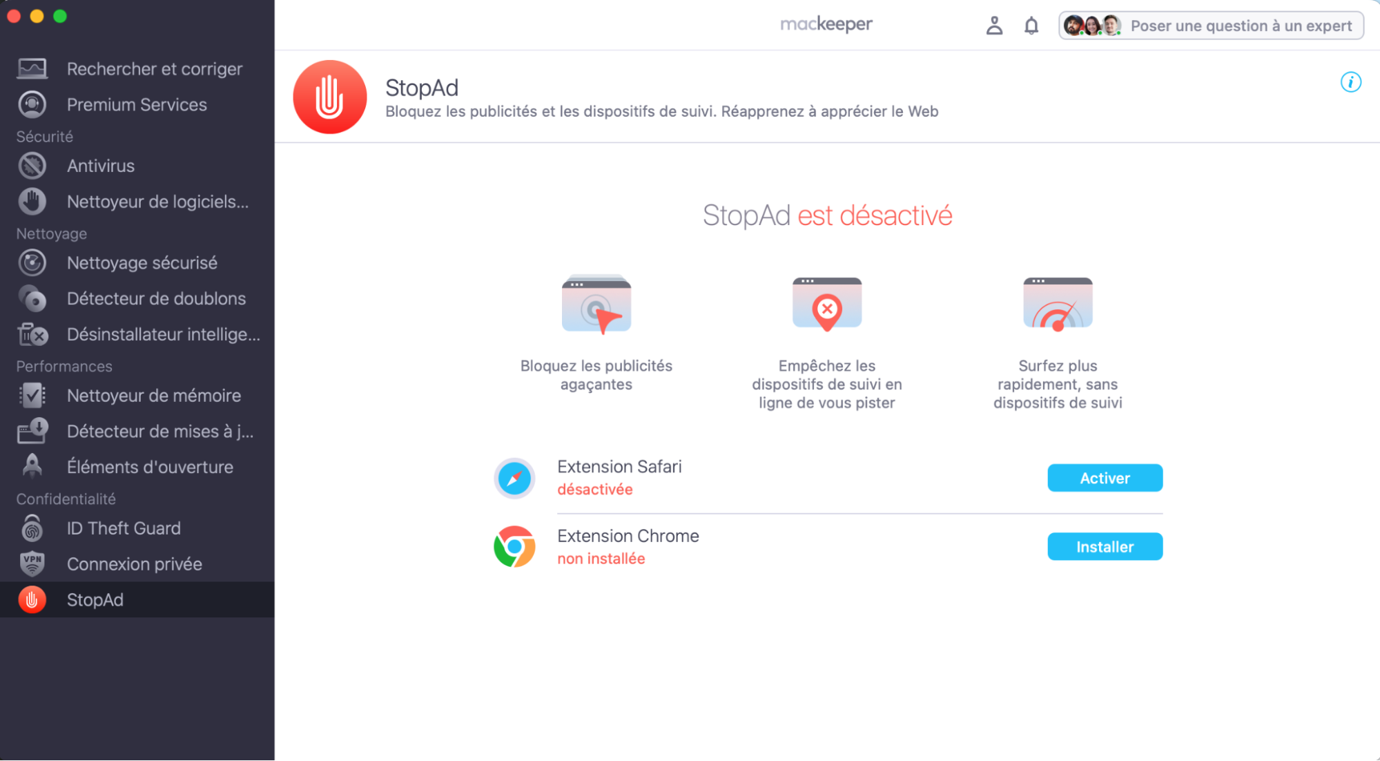 L’écran StopAd de MacKeeper, sans aucune option actuellement activée. Comment utiliser un bloqueur de publicités : guide pour bloquer les fausses alertes McAfee sur Mac.