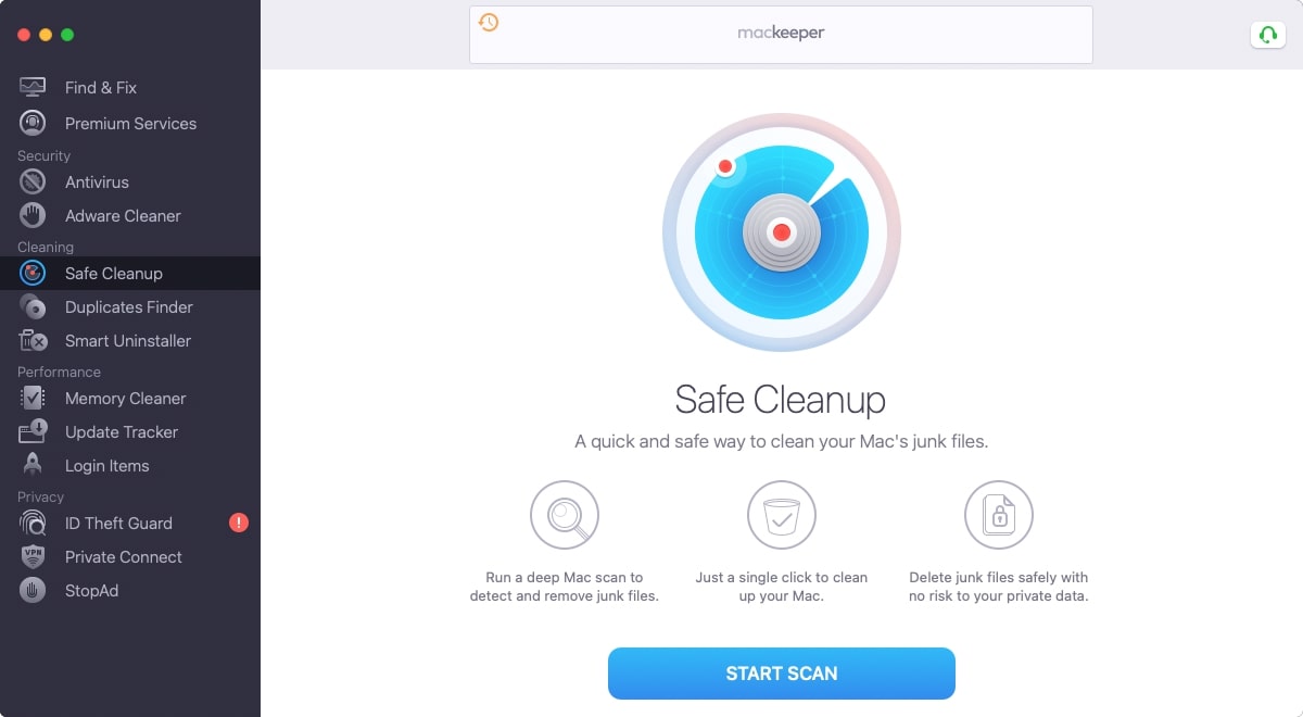 To clean junk from your Mac, run MacKeeper and select Safe Cleanup, then click Start Scan.