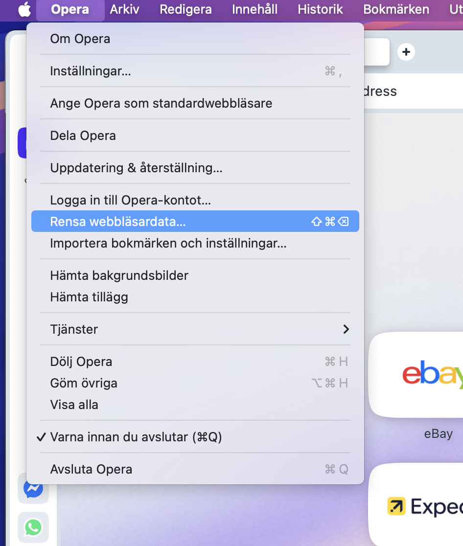 Operas webbläsarmeny öppen på Mac visar alternativet Rensa webbläsardata markerat. Klicka på Rensa webbläsardata.