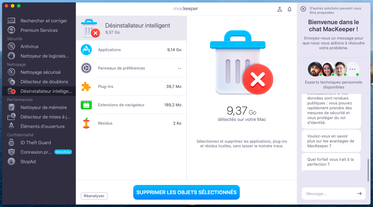 Une fois l'analyse terminée, le Désinstallateur intelligent de MacKeeper affiche la liste de fichiers pouvant être supprimés en toute sécurité. Choisissez les fichiers que vous souhaitez éliminer et cliquez sur Supprimer les objets sélectionnés.