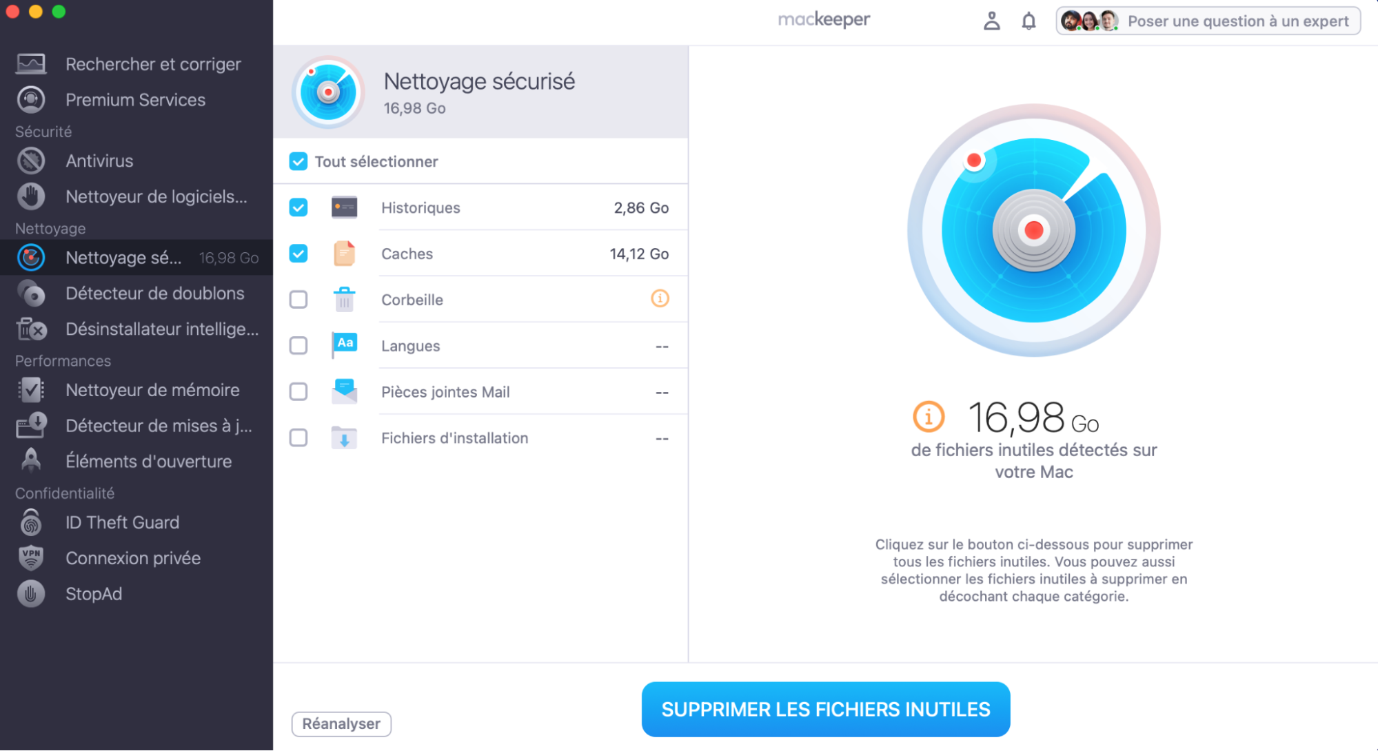 Le Nettoyage sécurisé n’est que l’une des nombreuses fonctionnalités de MacKeeper. Il permet de nettoyer en profondeur votre appareil en supprimant les historiques, caches et autres fichiers inutiles qui encombrent votre Mac.