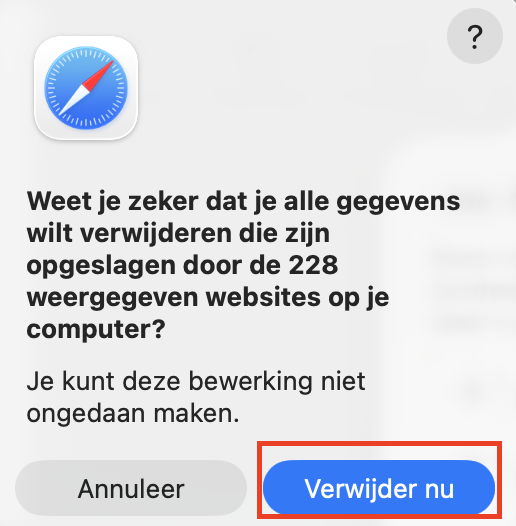 Een macOS-pop-upvenster dat vraagt of alle websitegegevens uit Safari moeten worden verwijderd. Klik op Verwijder nu om de browser terug te zetten naar standaardinstellingen.