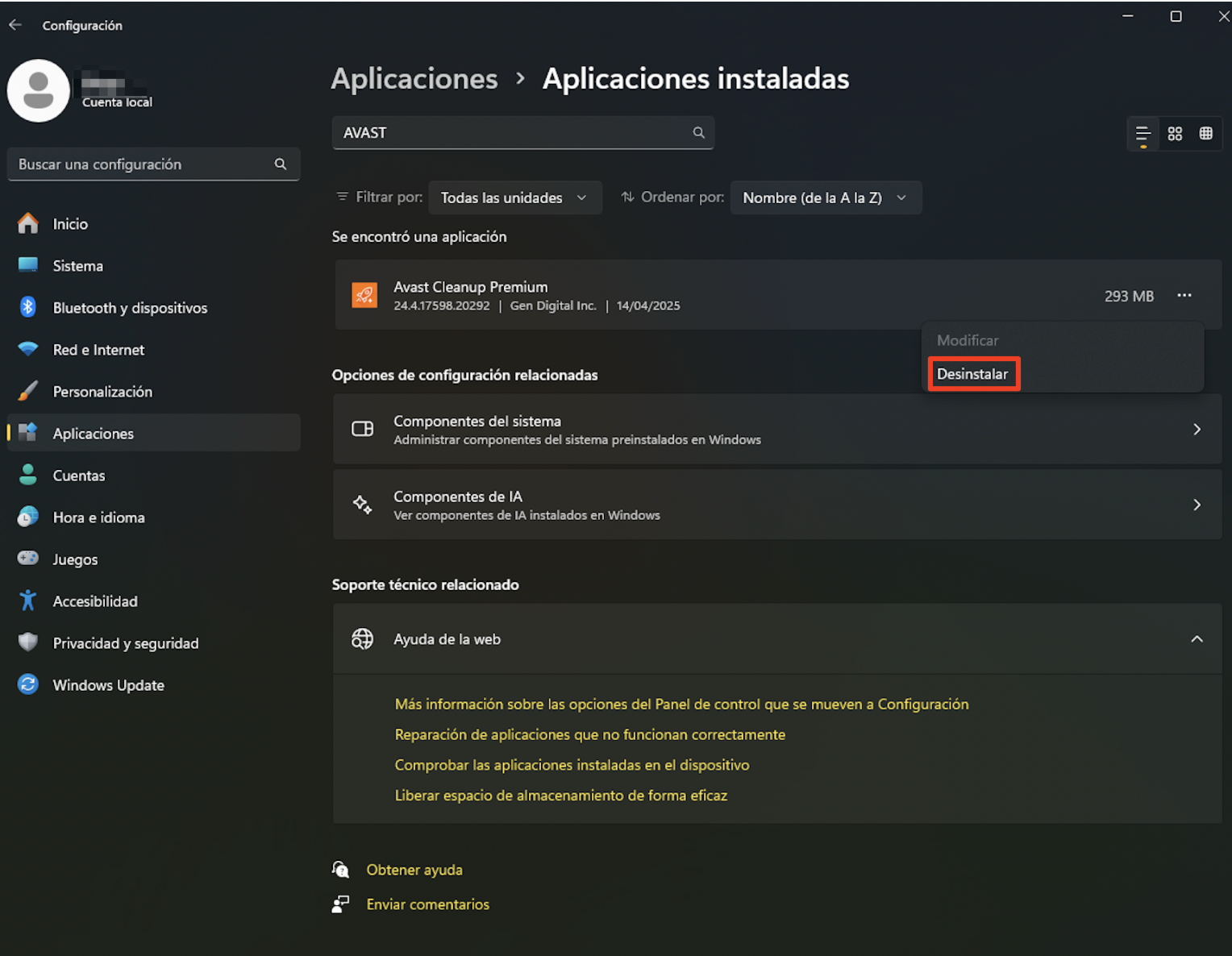 Para continuar con el proceso de eliminación de la aplicación Avast, busque la barra de búsqueda en la ventana Aplicaciones y características y haz clic en Desinstalar. Para continuar con el proceso de eliminación de la aplicación Avast, busque la barra de búsqueda en la ventana Aplicaciones y características y haz clic en Desinstalar.