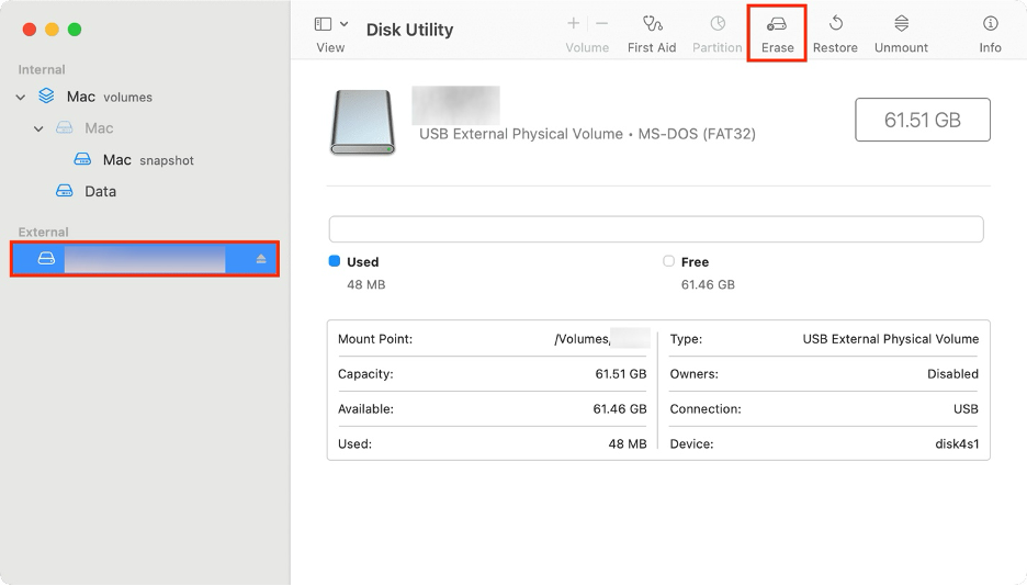 To clean install macOS on your Mac to fix the installer information on the recovery server is damaged error, select your external disk in the Disk Utility’s sidebar, then click the Erase button.