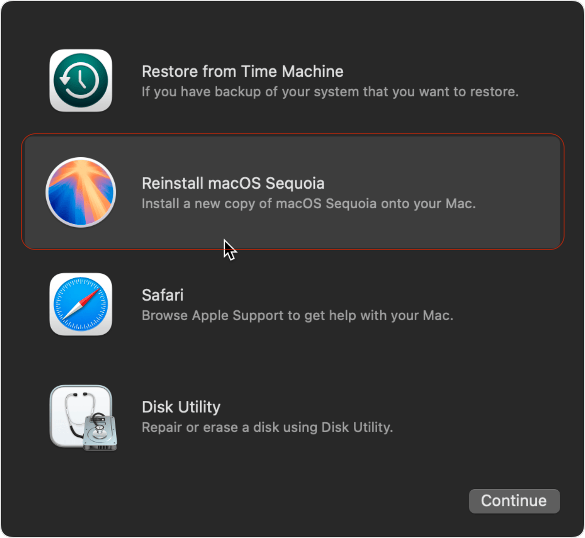The final step in in system recovery process is to open the Utilities window, where to choose Reinstall macOS option.