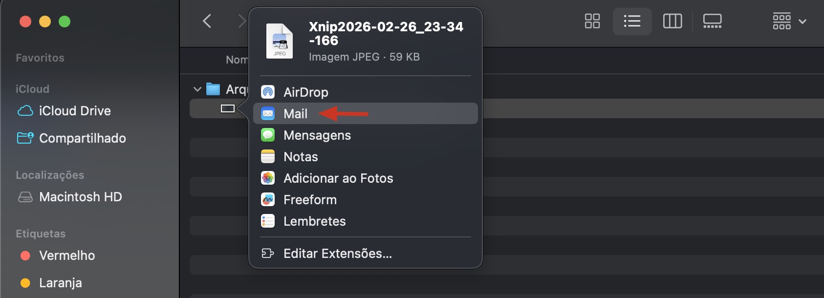O menu Compartilhar no Mac mostrando todas as opções de compartilhamento. Selecione Mail para transferir dados de um Mac para outro por e-mail.