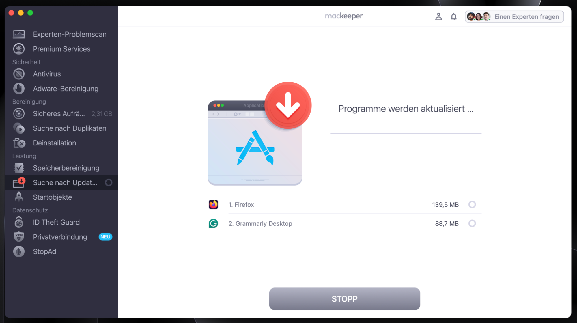 Bitte warten Sie, während die Suche nach Updates von MacKeeper Ihre Apps aktualisiert.