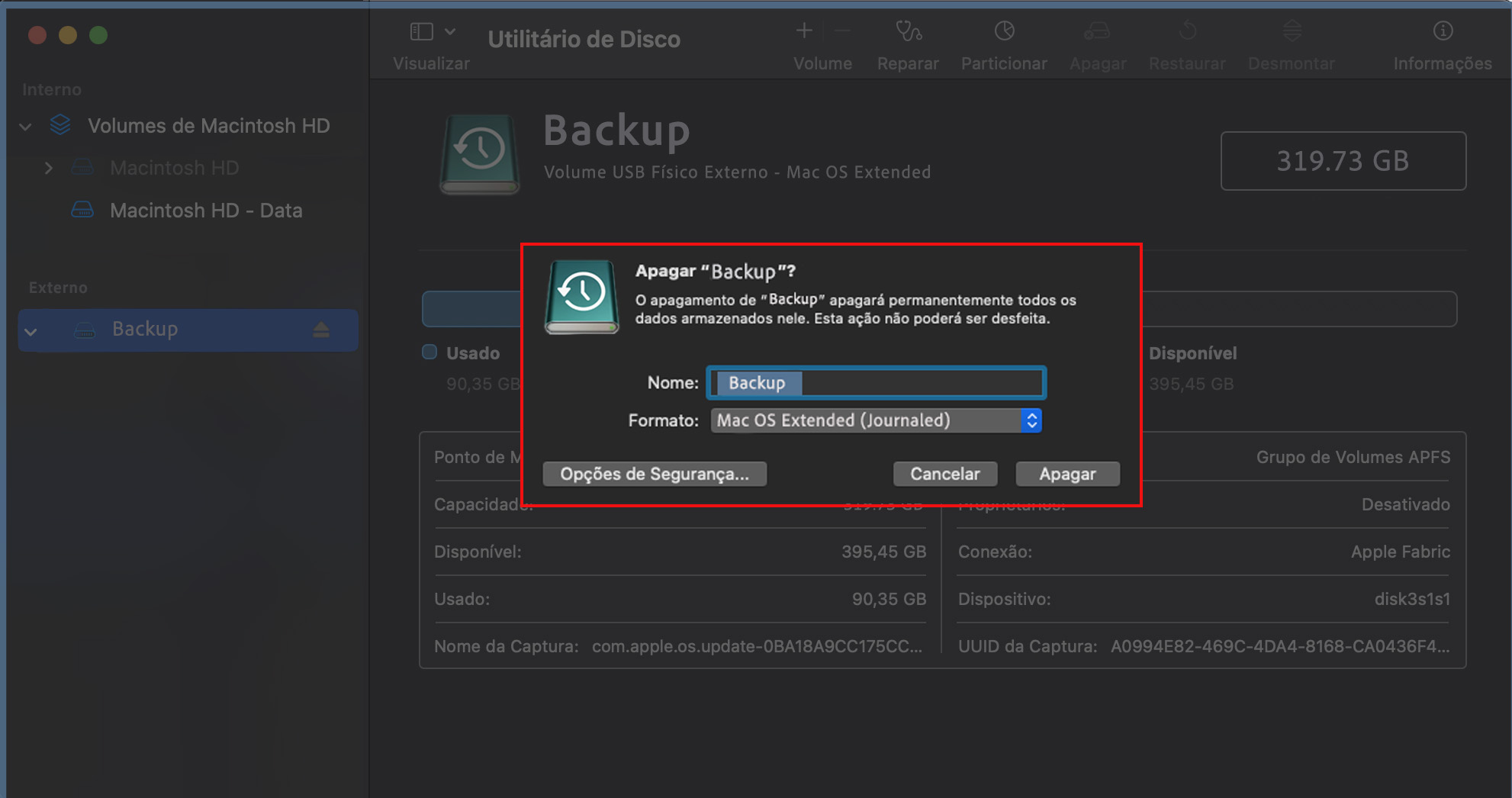 Agora, use o menu suspenso para selecionar um formato de disco compatível com o macOS. Quando terminar, clique no botão Apagar.