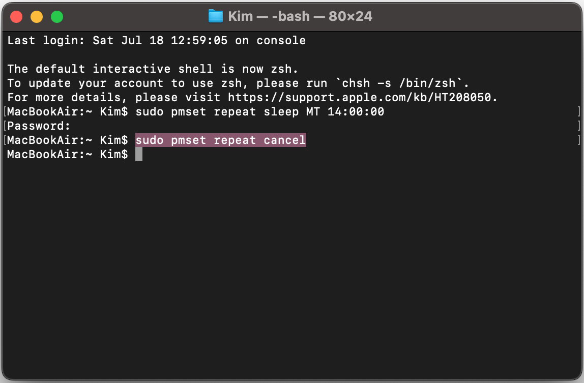 Se cambi idea sulla programmazione della sospensione del Mac, usa il comando cancel per eliminare tutto.