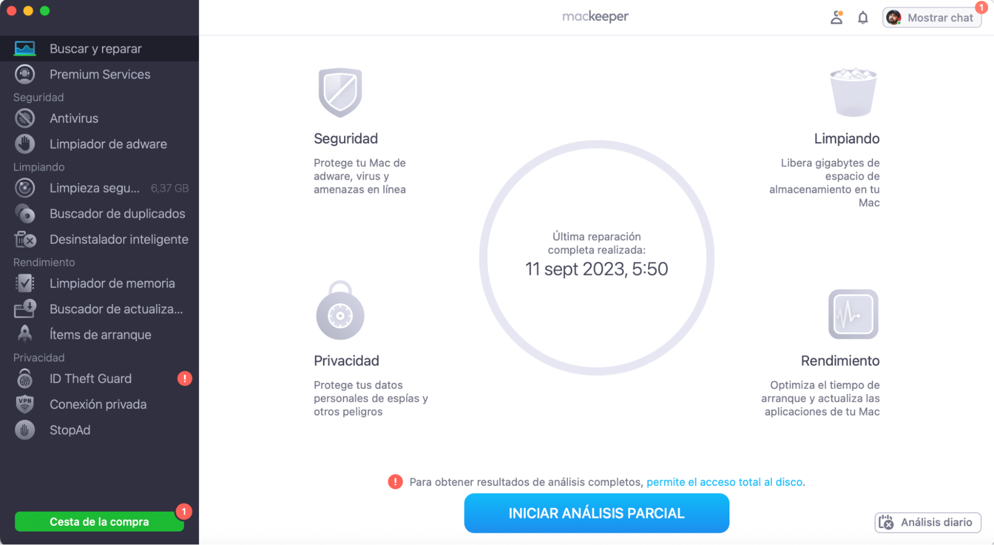 La aplicación MacKeeper muestra la herramienta Buscar y Reparar seleccionada para encontrar la causa raíz del problema en tu Mac.