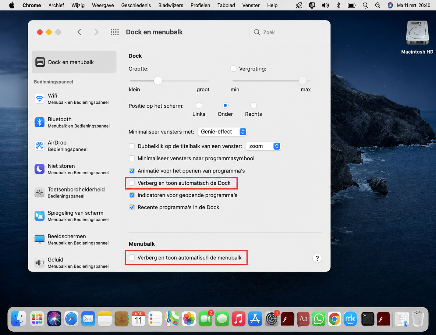 Een verdwenen Dock en menubalk kunnen ook worden hersteld. Schakel hiervoor Dock automatisch verbergen en weergeven uit, scroll dan naar beneden en schakel Menubalk automatisch verbergen en weergeven uit.