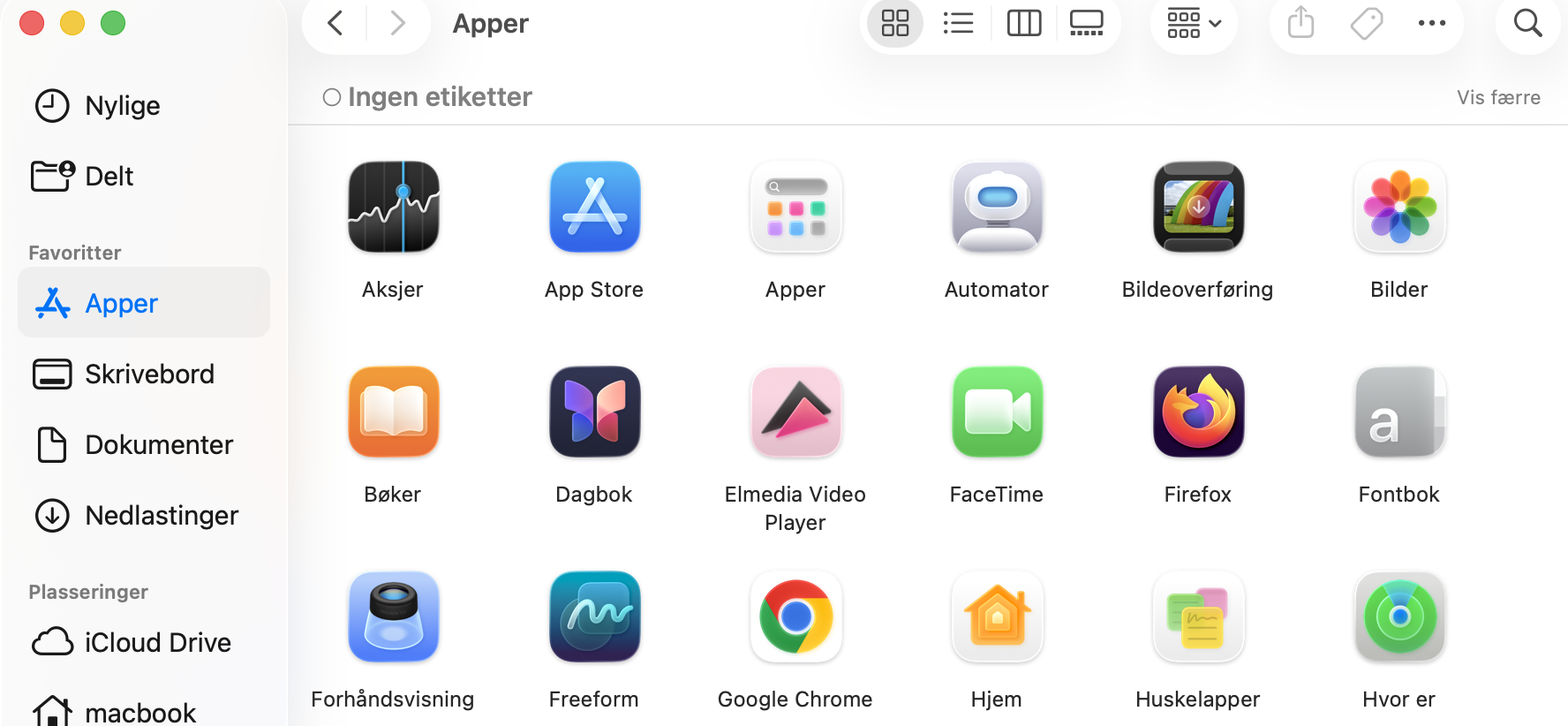Mappen Apper i Finder på Mac. Du kan fjerne ubrukte programmer herfra for å frigjøre plass på Mac.