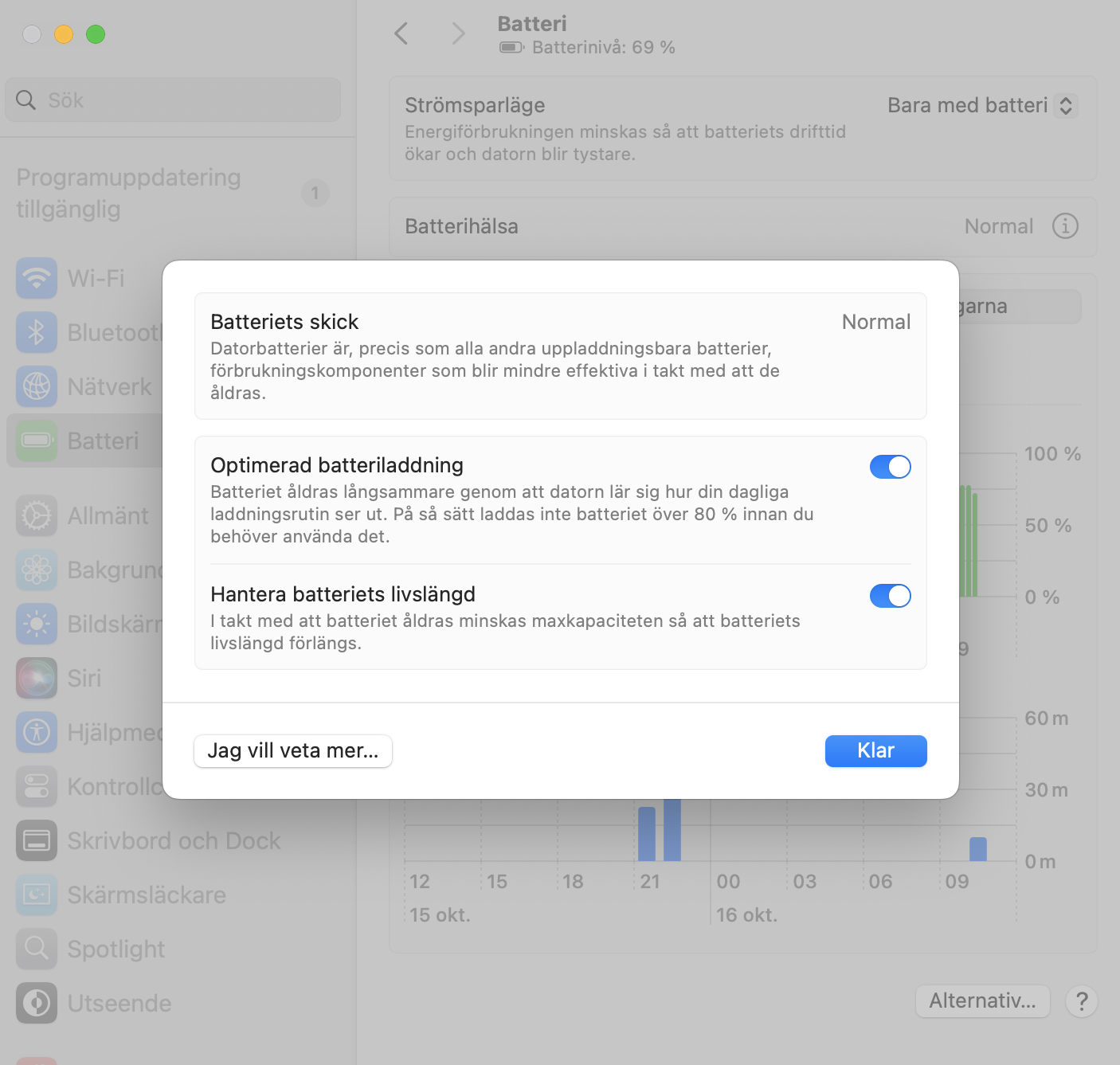 Inställningarna för batteriets skick på Mac. Prova att slå på eller av alternativen för att se om de påverkar din Macs överhettningssituation.