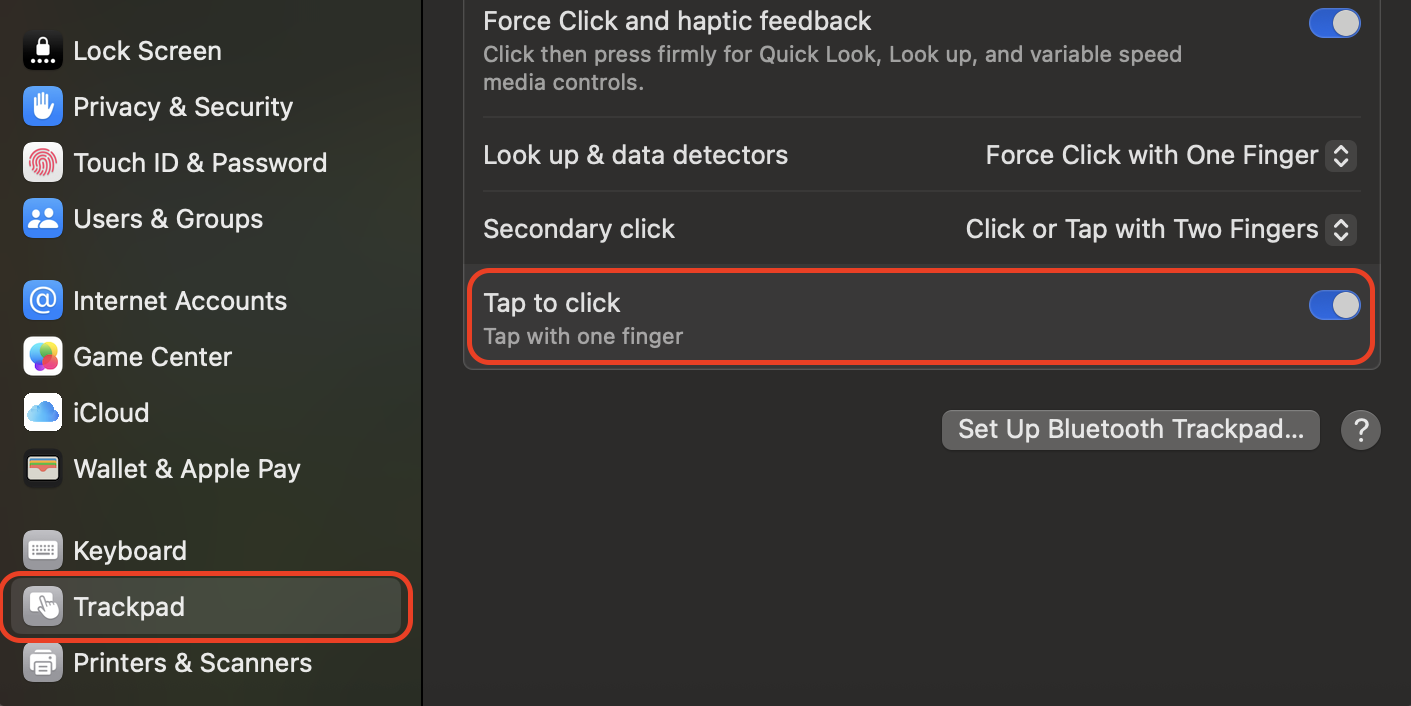 Enable Tap to Click in System Settings on a MacBook trackpad, showing the user turning on the option for easier left-click actions without pressing down.