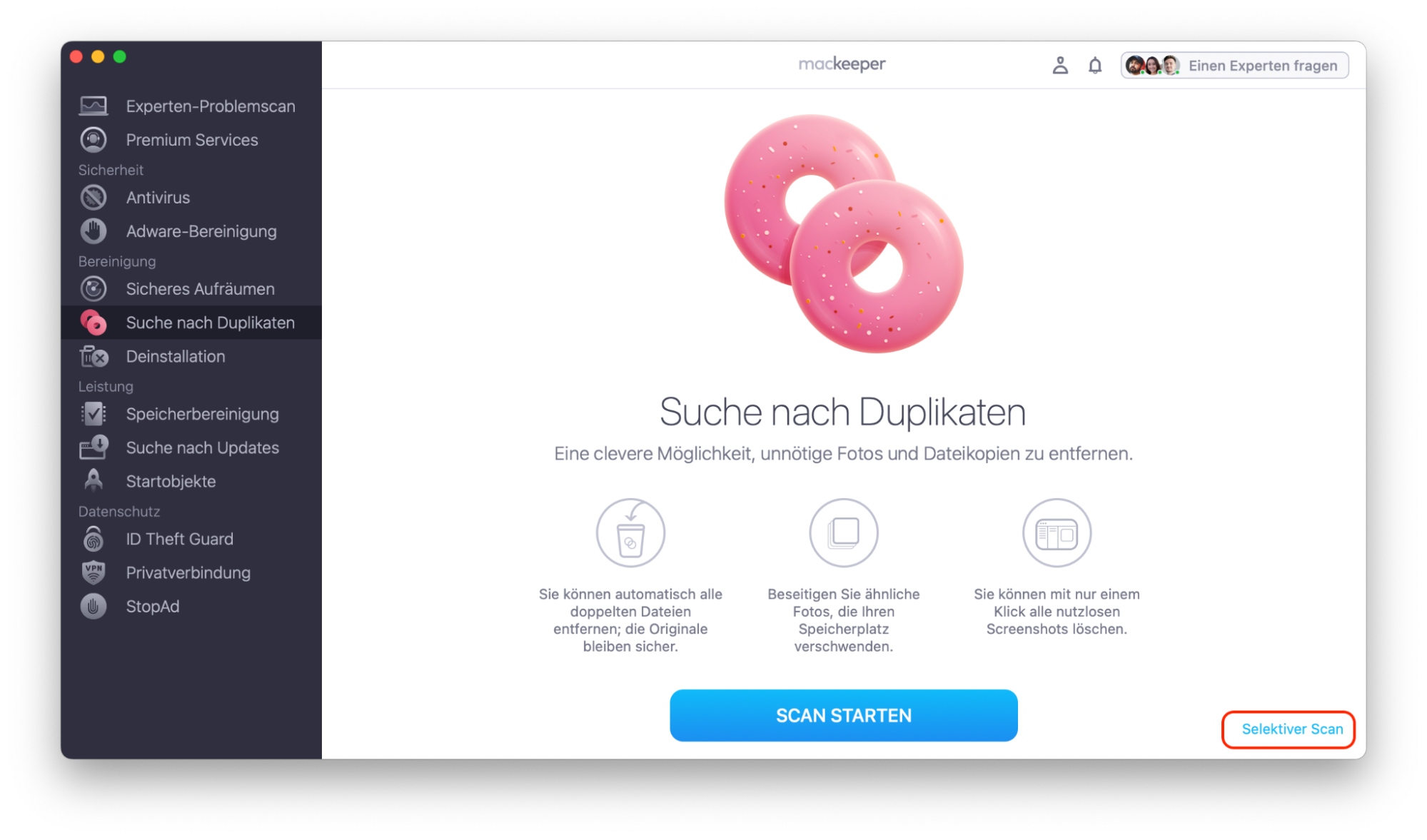 Die MacKeeper-App verfügt über die Funktion Suche nach Duplikaten, einschließlich der Option für einen selektiven Scan, mit der Sie automatisch redundante Bildkopien auf Ihrem Mac finden und löschen können.