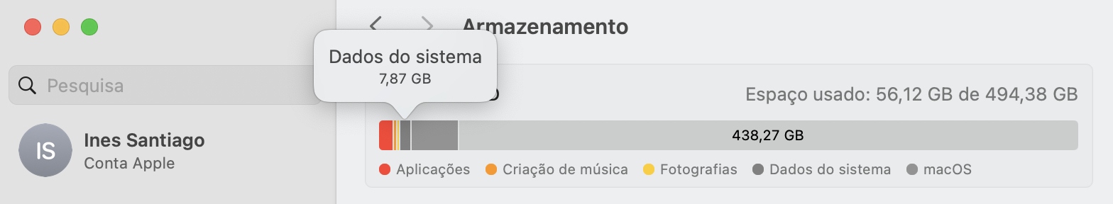 Quando vir a barra de armazenamento, os Dados do Sistema aparecem a cinzento-escuro. Estão posicionados ao lado dos ficheiros iOS, Aplicações e outras categorias.