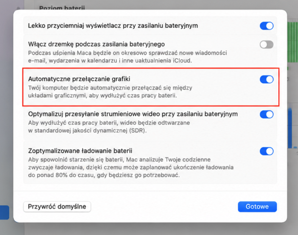W niektórych modelach MacBooka znajdziesz opcje włączania automatycznego przełączania grafiki. Zintegrowana karta graficzna generuje mniej ciepła.