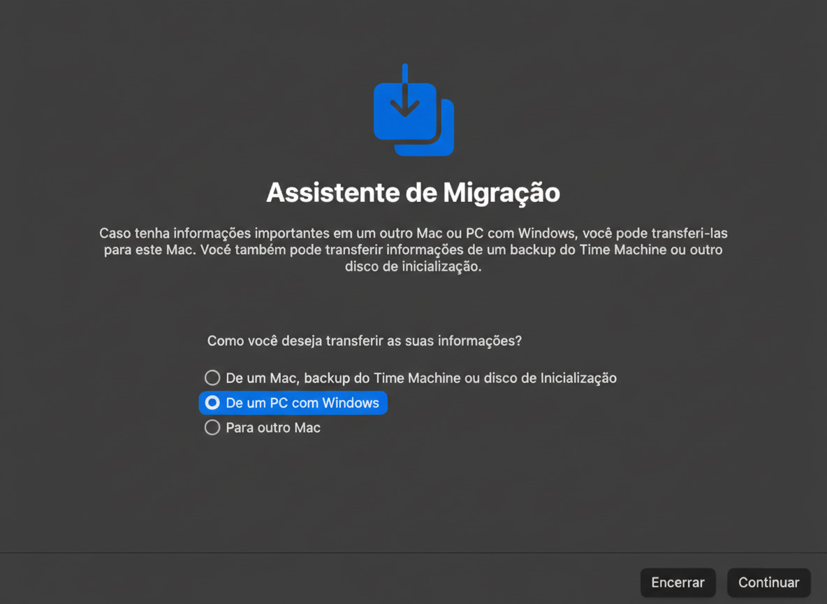 Selecione De um Mac, backup do Time Machine ou Disco de Inicialização para iniciar o processo de restauração do seu dispositivo. Você pode escolher entre várias opções e também versões anteriores do macOS.