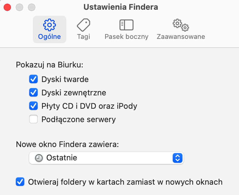 W oknie Ustawień Findera kliknij zakładkę Ogólne, a następnie w sekcji 'Pokaj na biurku' sprawdź, czy opcja Dyski zewnętrzne jest zaznaczone.