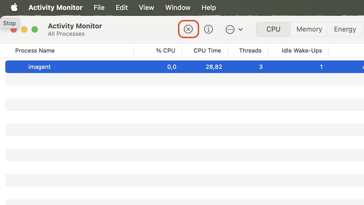 In Activity Monitor, select the suspicious process from the list and click the X button at the top to stop the task and end its activity.