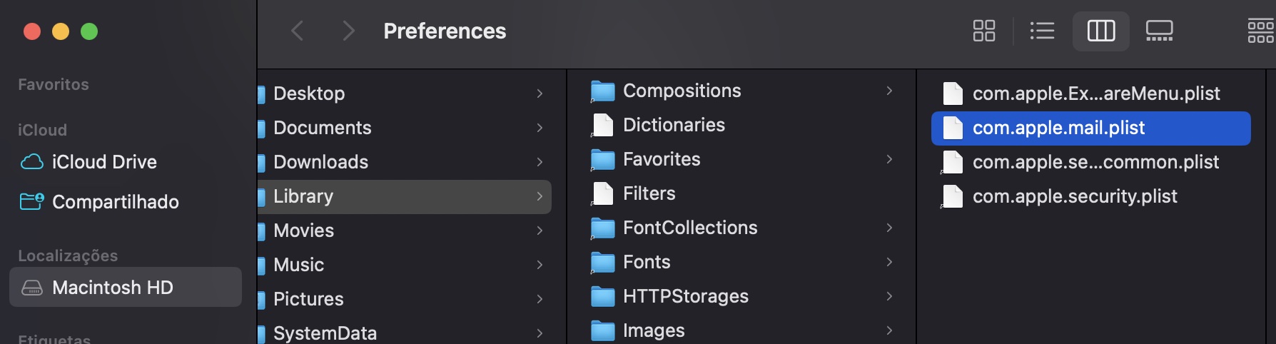 Depois de pressionar Enter, você será levado automaticamente a um grupo de arquivos plist. Arraste o arquivo com.apple.mail.plist para a sua área de trabalho para ajudar a redefinir as preferências do Mail.