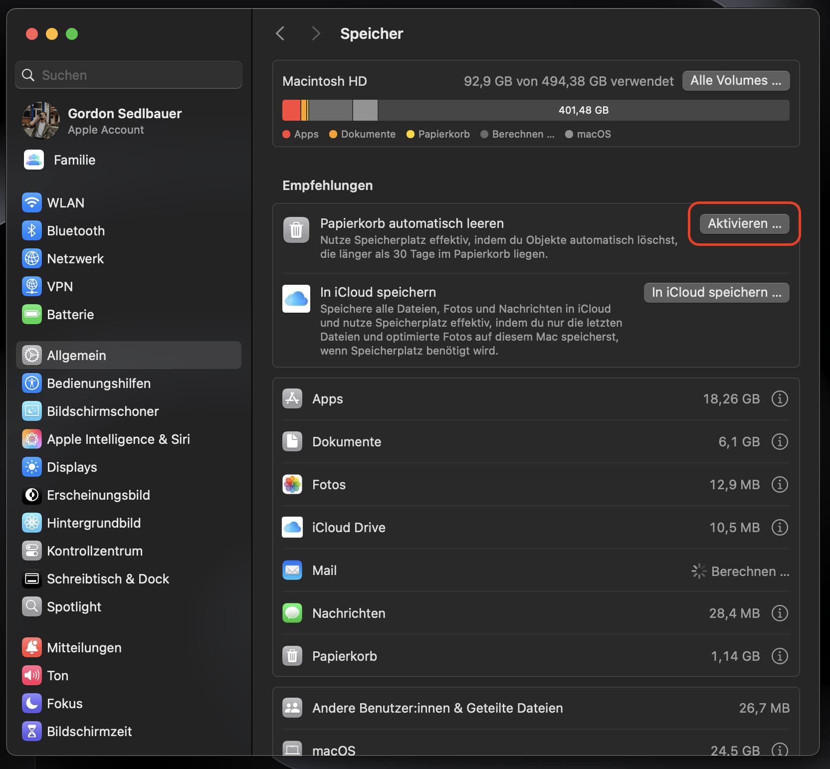 Um den Papierkorb Ihres Mac automatisch zu leeren, gehen Sie zu den Empfehlungen und klicken Sie neben Papierkorb automatisch leeren auf Aktivieren.