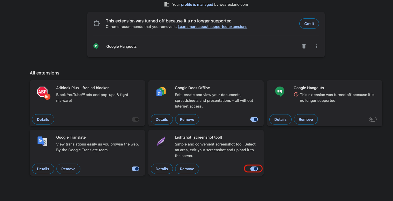 The Chrome Extensions page on macOS showing the toggle used to disable a problematic add-on that makes Chrome crash on Mac.