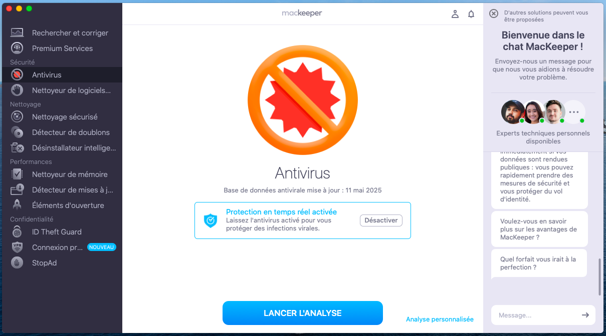 Pour vérifier que votre Mac est libre de virus et de logiciels malveillants, lancez MacKeeper puis cliquez sur Antivirus. Activez la protection en temps réel, puis cliquez sur le bouton Lancer l'analyse.