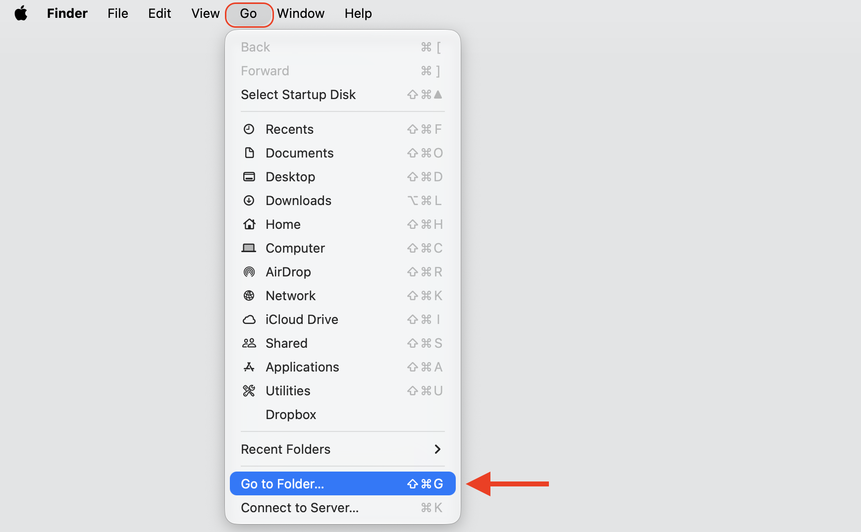 macOS Finder Go menu open with Go to Folder highlighted, the route to the hidden Library folder when uninstalling Tor Browser on a Mac. macOS Finder Go menu open with Go to Folder highlighted, the route to the hidden Library folder when uninstalling Tor Browser on a Mac.