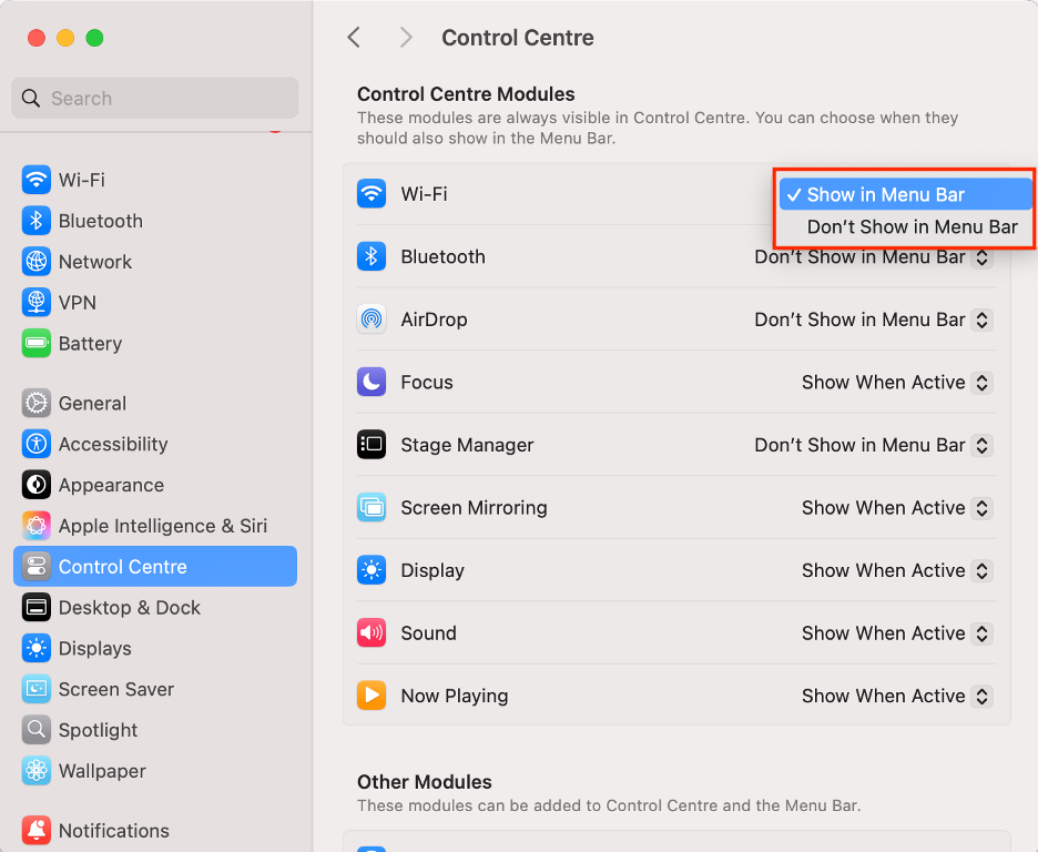 To set up your Mac’s menu bar, select either Show in Menu Bar or Don’t Show in Menu Bar next to each Control Center module.