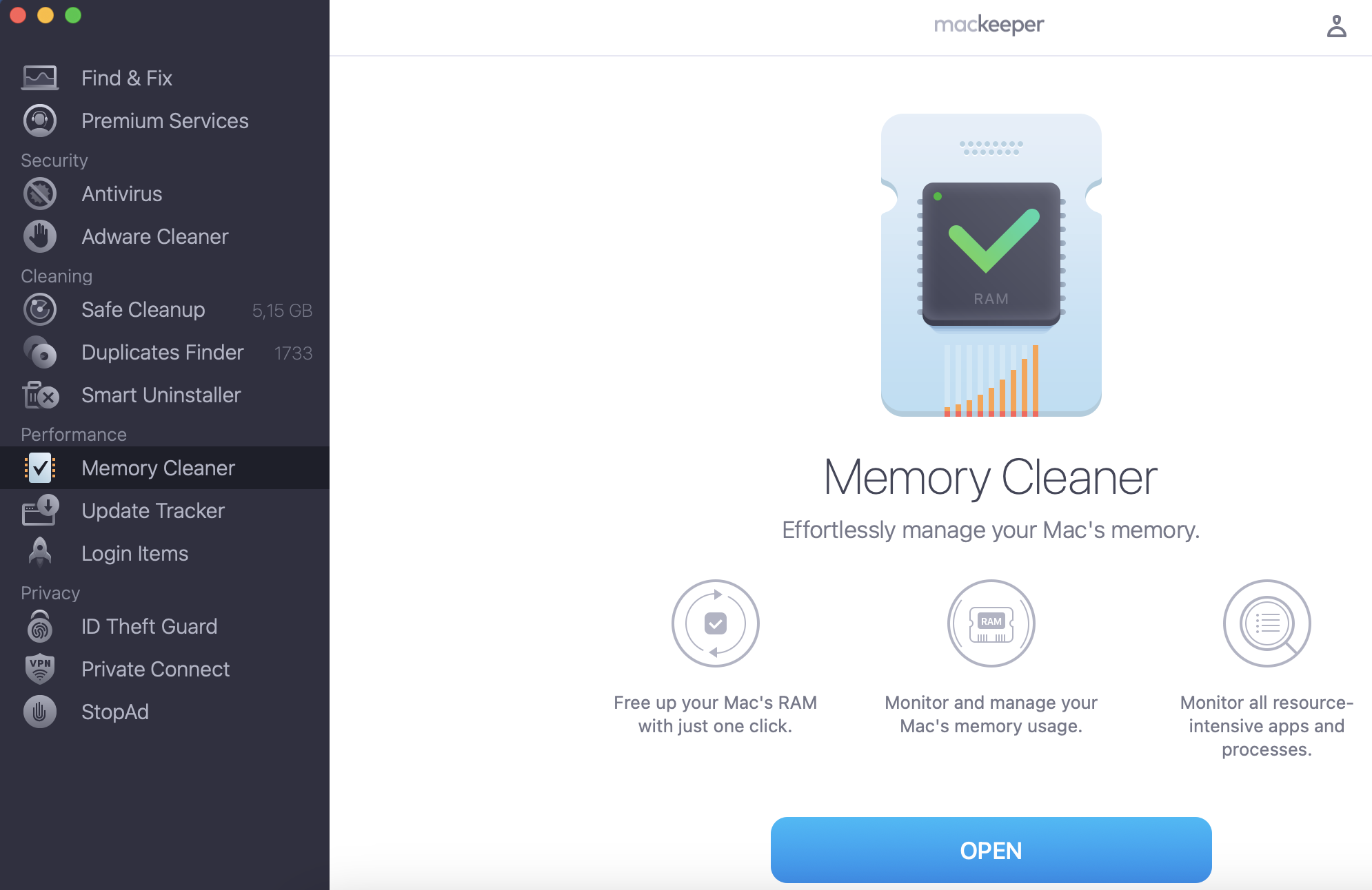To free up RAM on your Mac, run MacKeeper and select Memory Cleaner from the sidebar, then click Open.