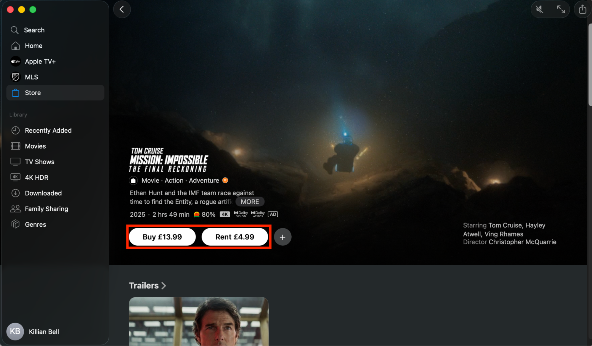 The Buy and Rent options for a movie inside the TV app on Mac. If you're trying to download movies on MacBook, buy or rent a title in the TV app, then download it to your library.