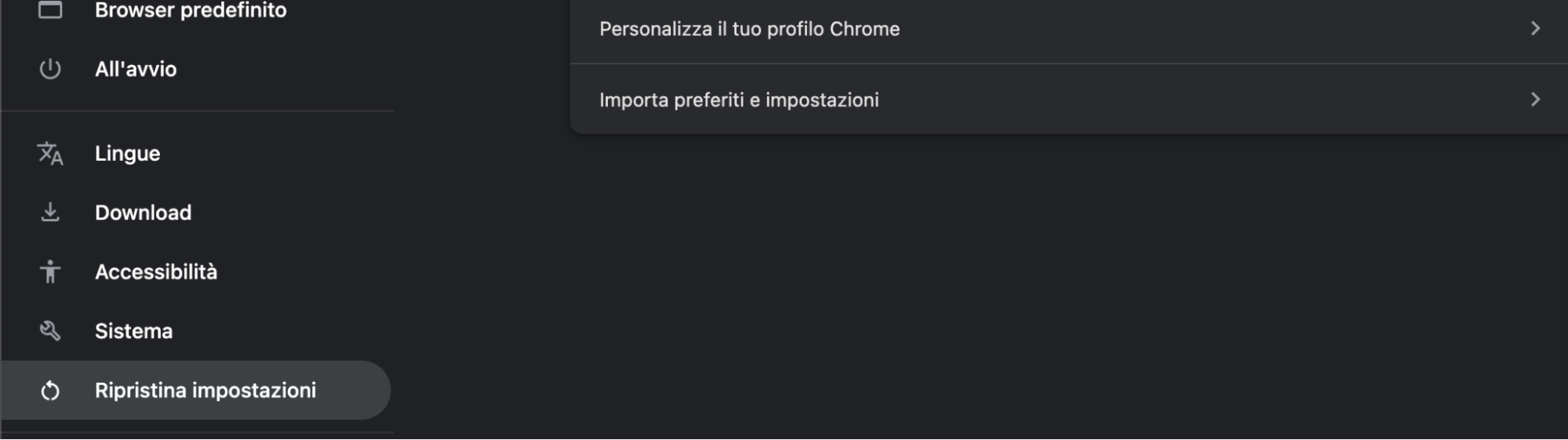 Per ripristinare Chrome alle impostazioni predefinite sul tuo Mac, vai nelle impostazioni del browser e individua l’opzione Ripristina impostazioni. Poi selezionala.